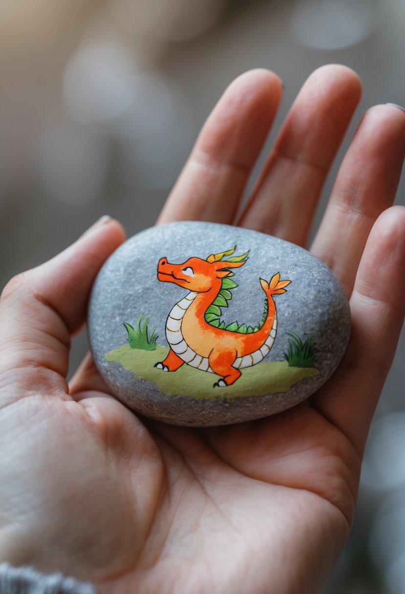 A hand holding a smooth painted river rock with a dragon design.