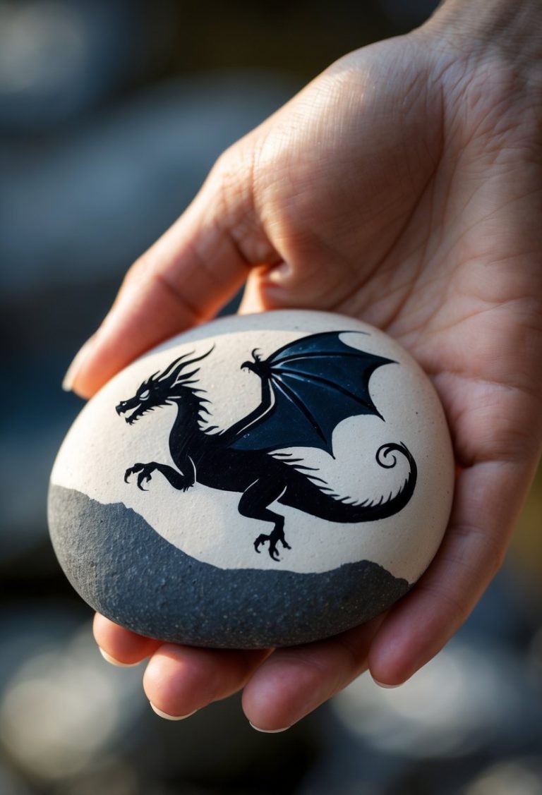 A hand holds a smooth stone painted with a black dragon featuring wings, standing on a gray, rocky background.
