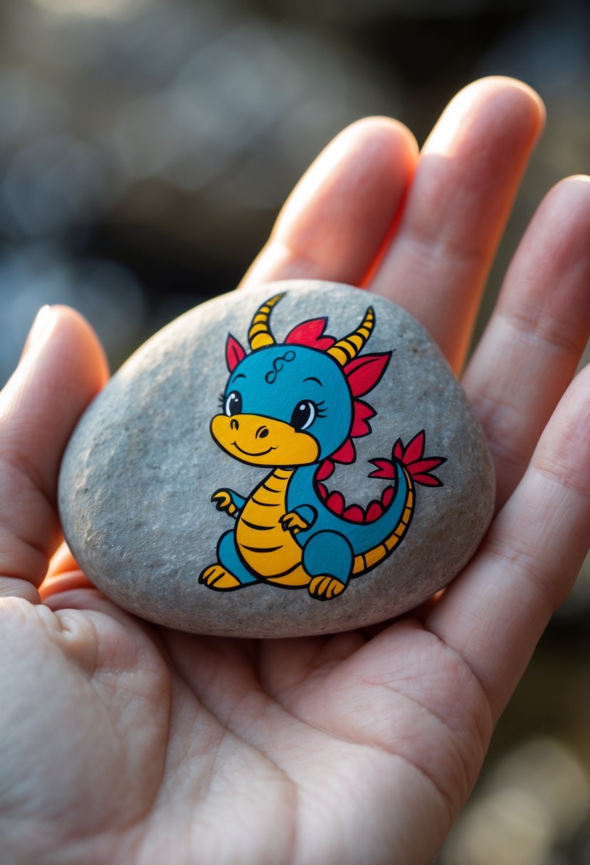 A hand holding a smooth river rock painted with a cartoon dragon.