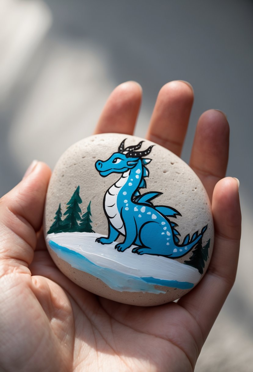 A hand holding a smooth river rock painted with a snow dragon design.