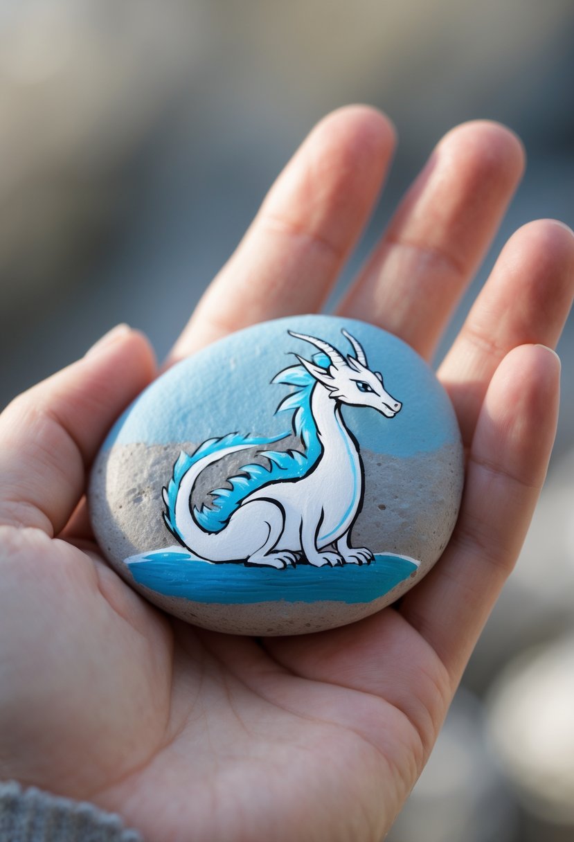 A hand holding a smooth river rock painted with an ice dragon design against a light blue background.