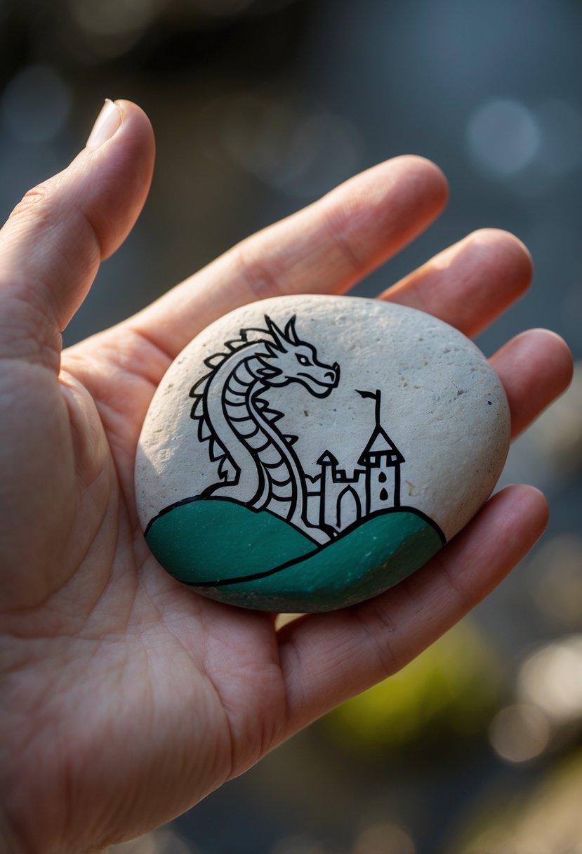 A hand holding a smooth painted rock with a dragon and castle design.