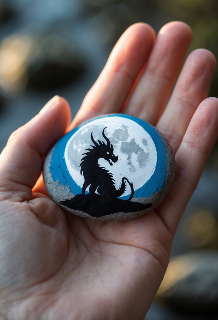 A hand holding a smooth river rock painted with a dragon silhouette and a moon.