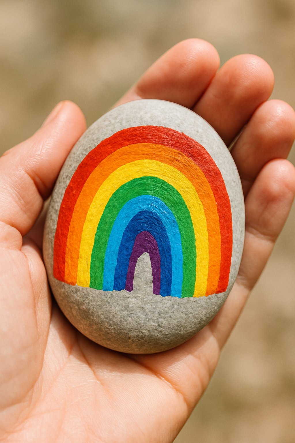 A hand holding a smooth river rock painted with a colorful rainbow design.