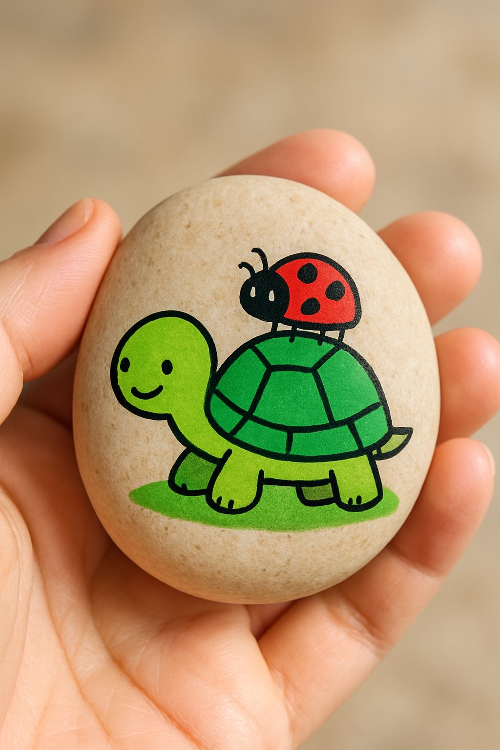 A hand holding a smooth river rock painted with a small turtle and a ladybug.
