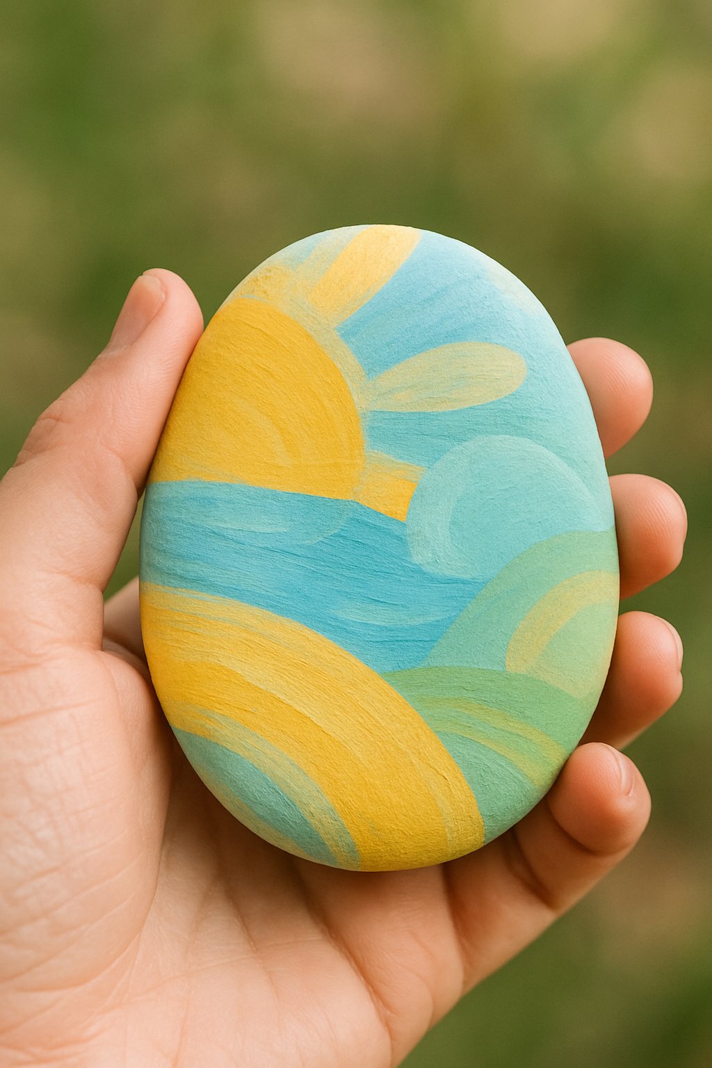 A hand holding a smooth painted river rock with colorful abstract designs on it.