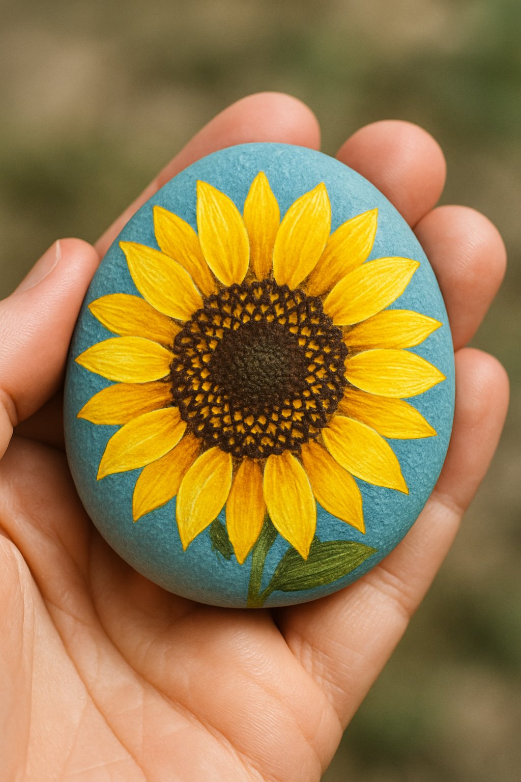 A hand holding a smooth river rock painted with a bright yellow sunflower.