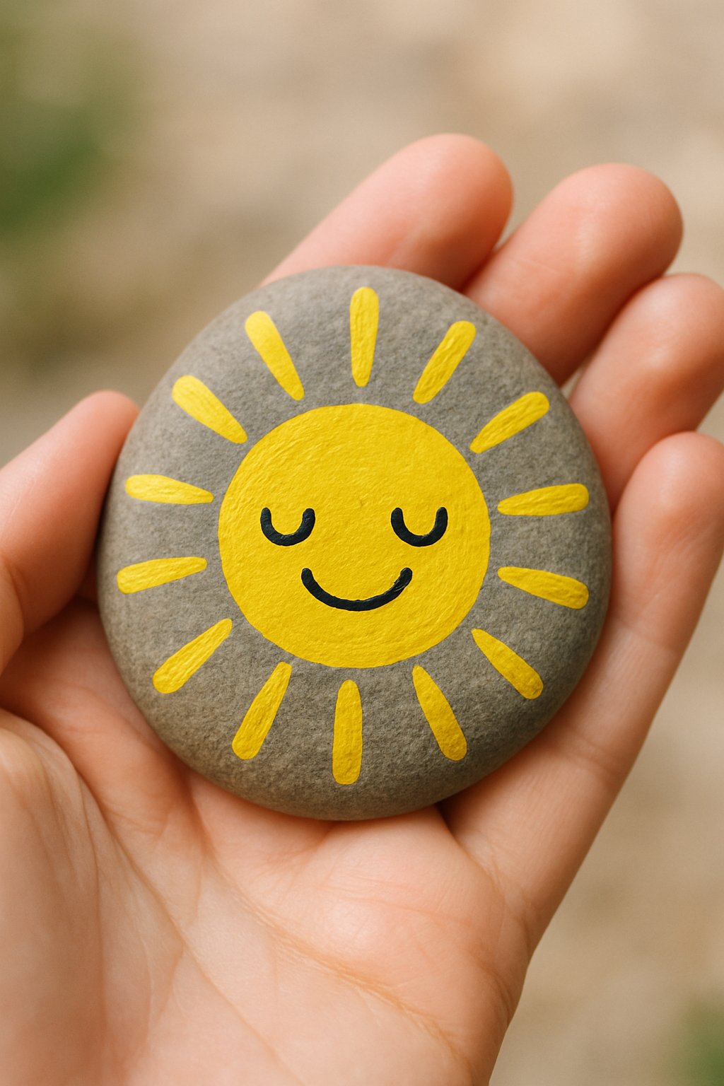 A hand holding a smooth river rock painted with a smiling sun and rays.