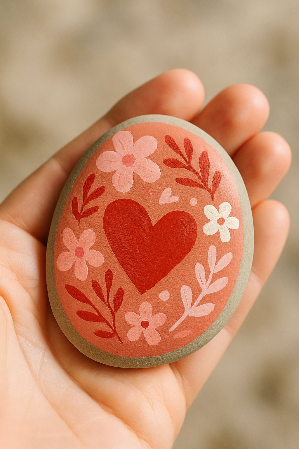 A hand holding a smooth painted river rock with a simple colorful design.
