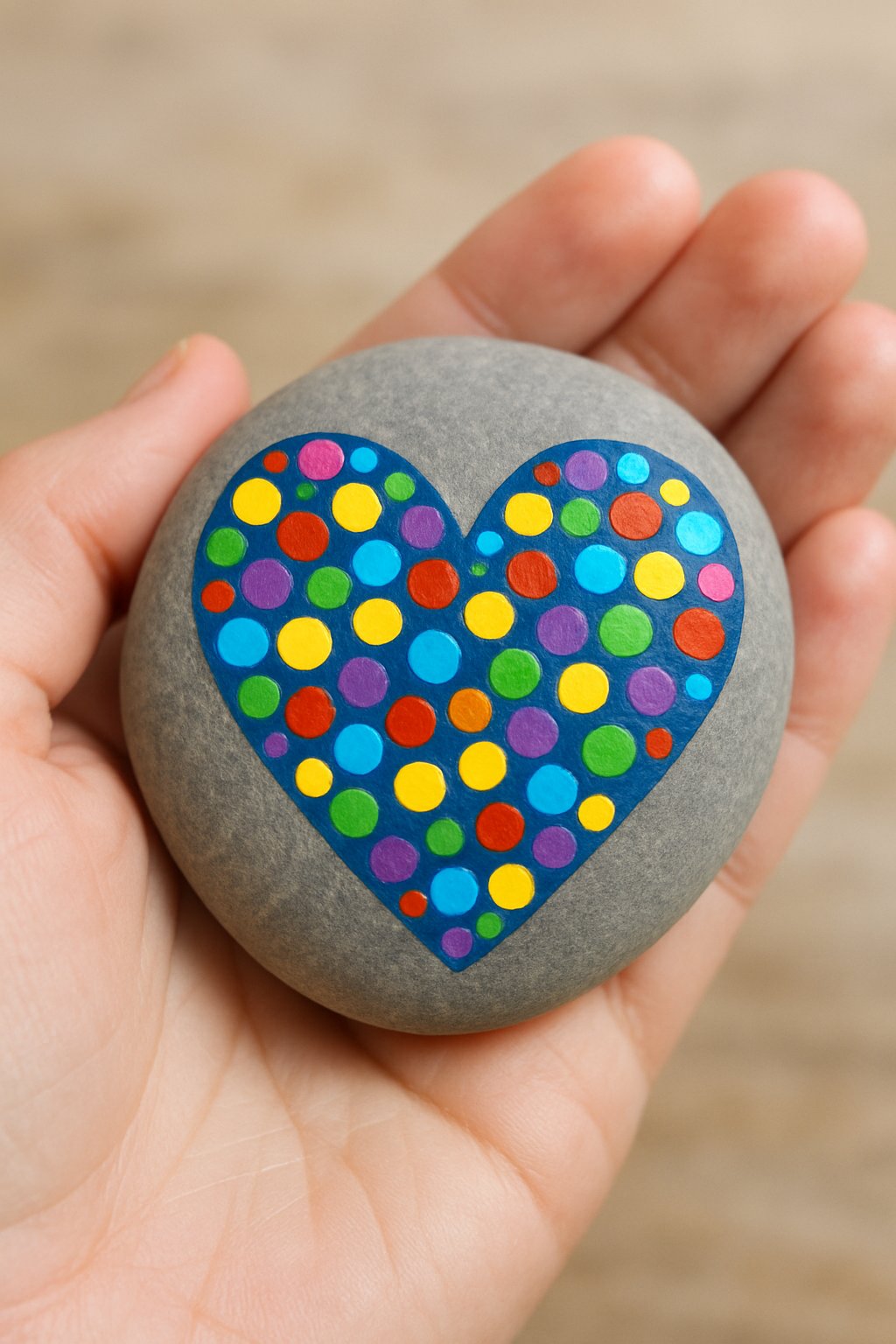 A hand holding a smooth river rock painted with a heart made of colorful dots.