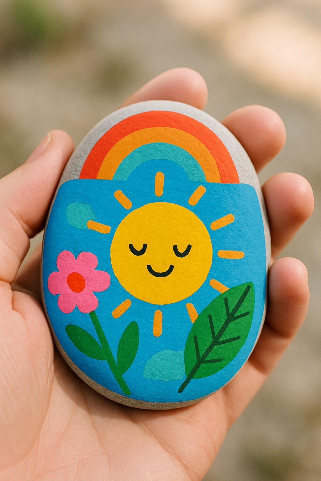 A hand holding a small painted river rock with colorful abstract designs.