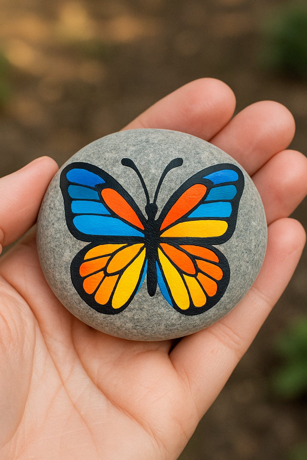 A hand holding a smooth river rock painted with a colorful butterfly design.