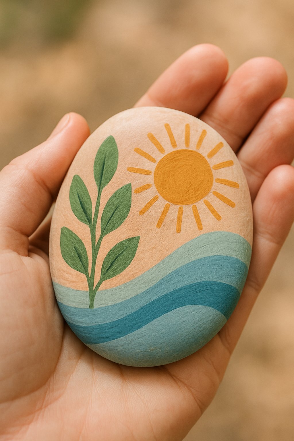 A hand holding a smooth painted river rock with a simple colorful design.