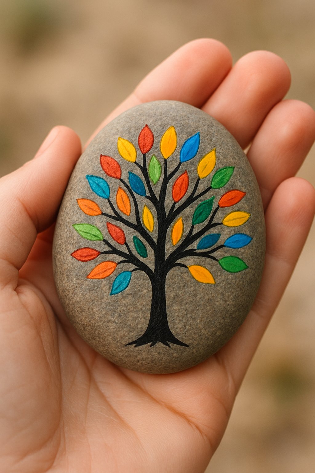A hand holding a smooth river rock painted with a tree and colorful leaves.