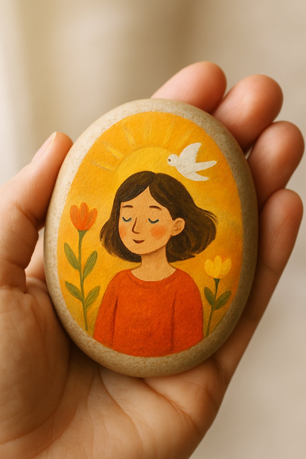 A hand holding a smooth painted river rock with a simple artistic design.