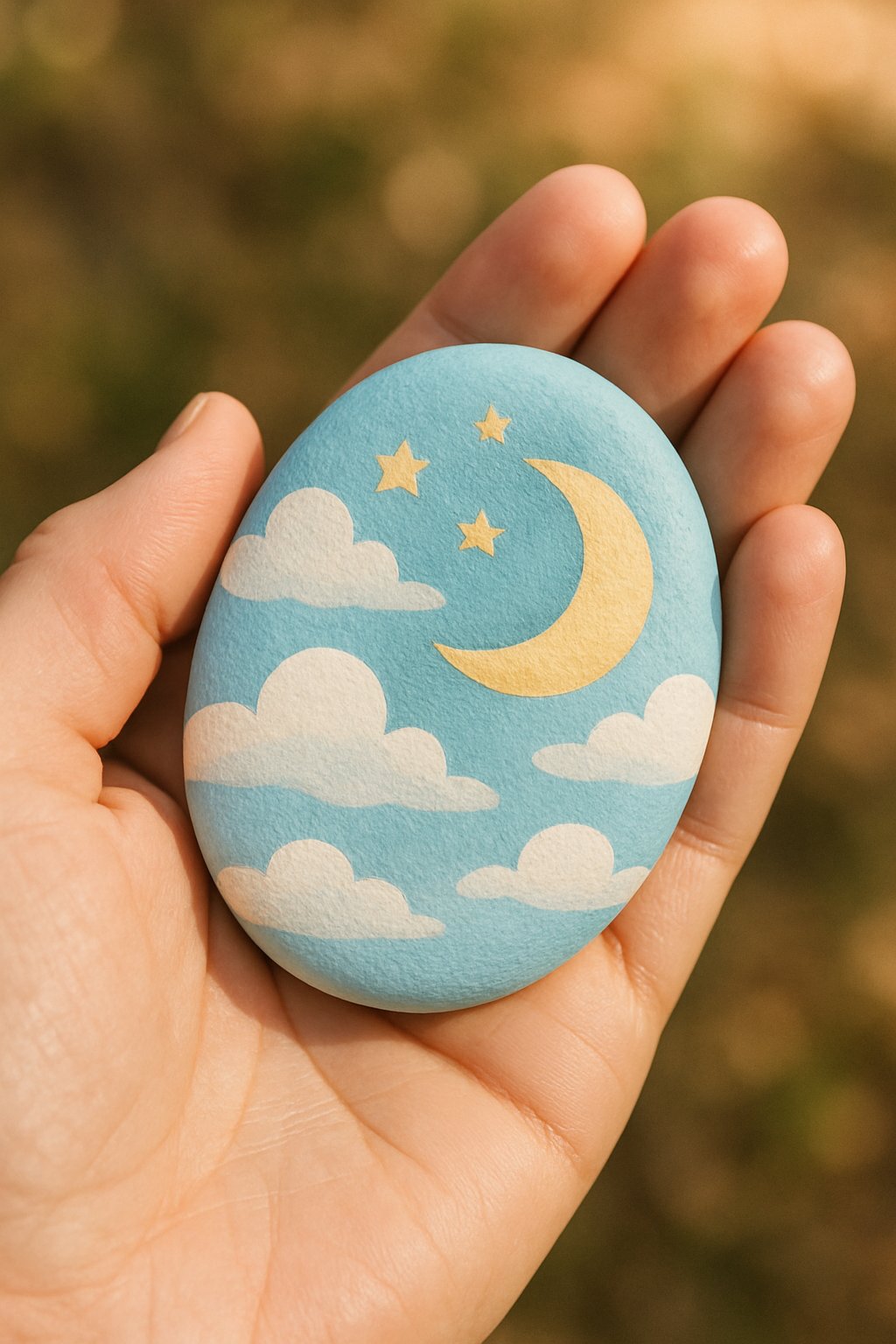 A hand holding a smooth painted river rock outdoors with natural lighting.