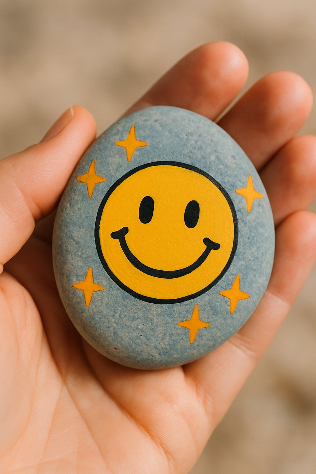 A hand holding a smooth river rock painted with a smiley face and stars.