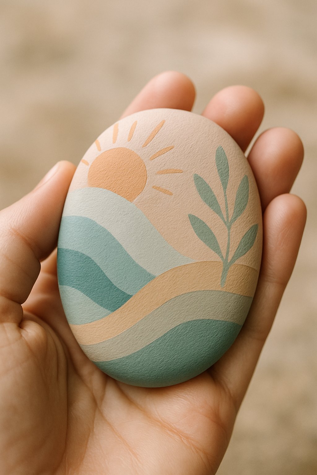 A hand holding a smooth painted river rock with a simple artistic design.