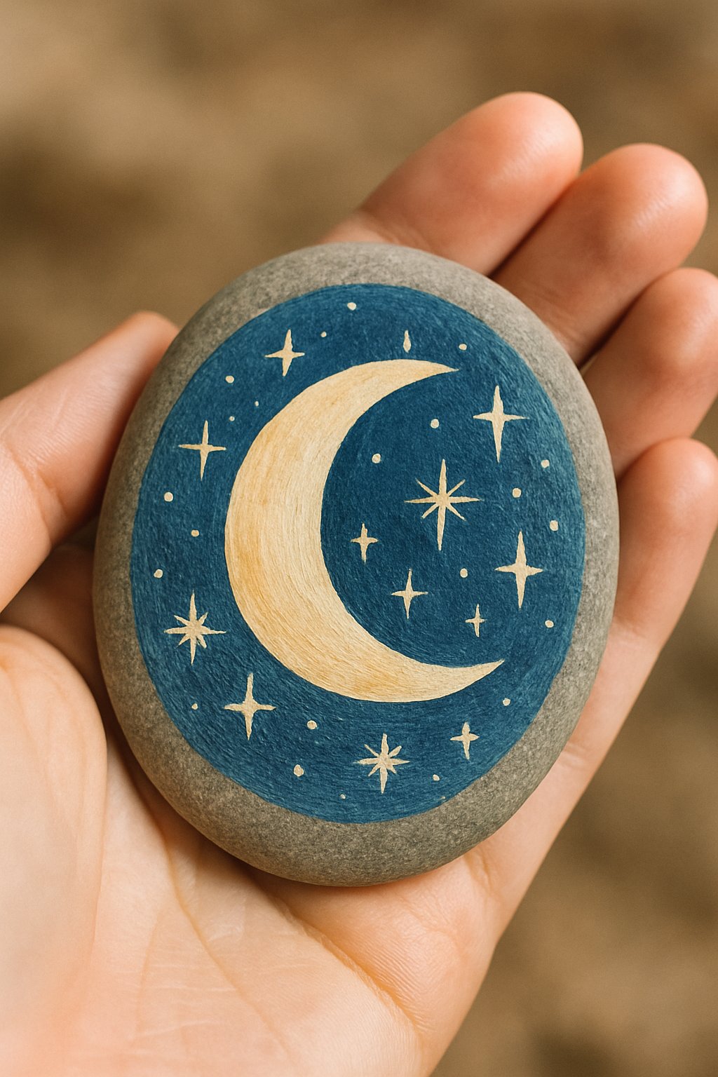A hand holding a smooth river rock painted with a crescent moon and sparkling stars.