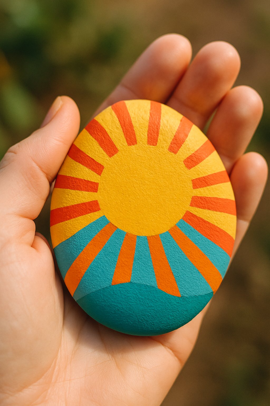 A hand holding a smooth painted river rock with bright, colorful designs against a softly blurred background.