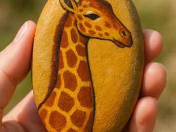 A hand is holding an oval stone painted with a detailed image of a giraffe's head and neck against a blurred outdoor background.