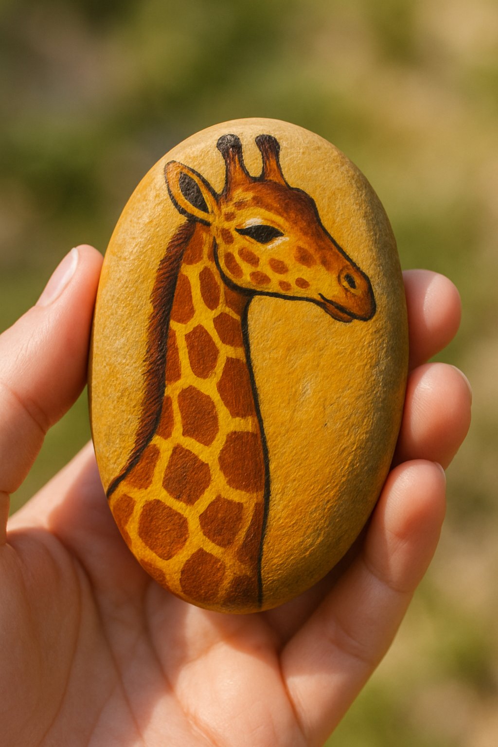 A hand holding a smooth river rock painted with a giraffe design.