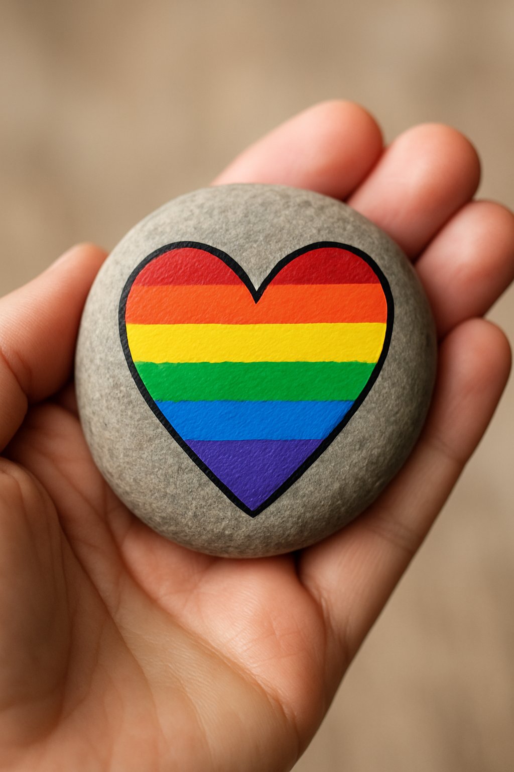 A hand holding a smooth river rock painted with a colorful rainbow heart.