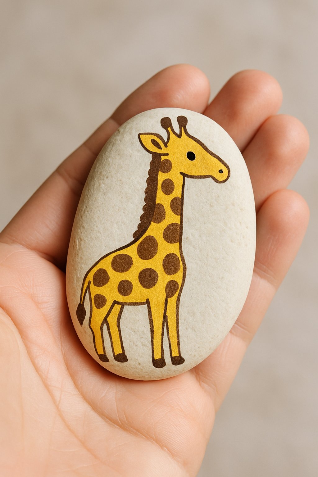 A hand holding a smooth river rock painted with a yellow giraffe with brown spots.
