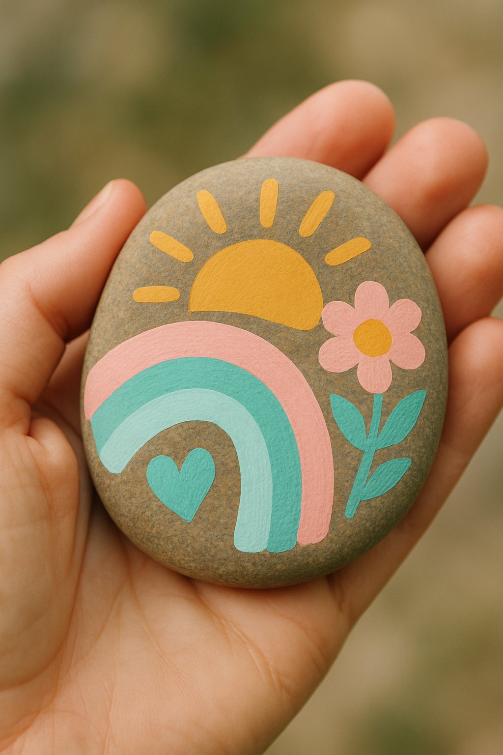 A hand holding a smooth painted river rock with a simple colorful design.