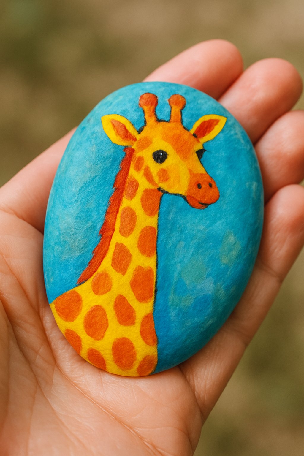 A hand holding a smooth river rock painted with a colorful giraffe design.