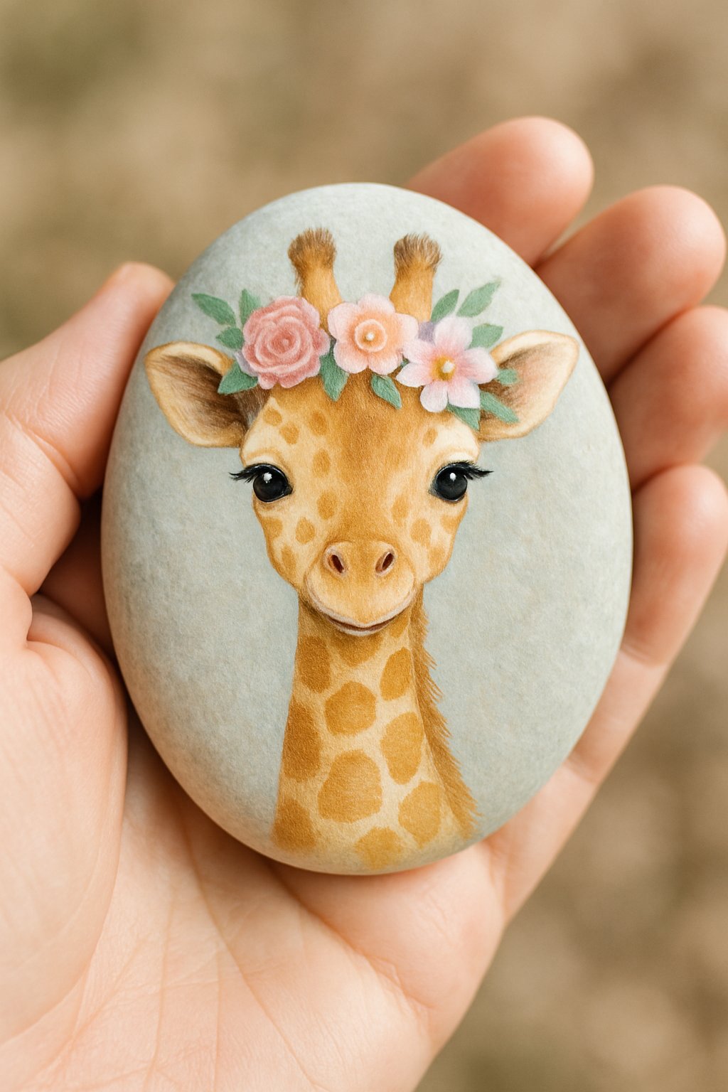 A hand holding a smooth river rock painted with a baby giraffe wearing a floral crown.