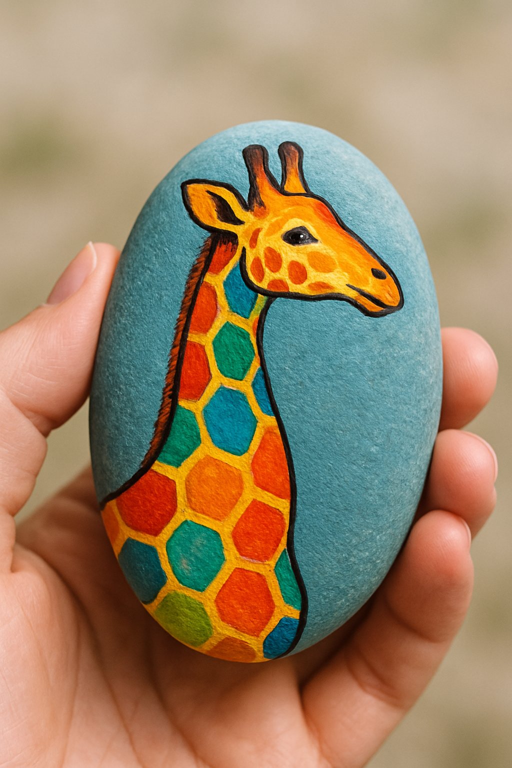 A hand holding a smooth river rock painted with a colorful giraffe design.