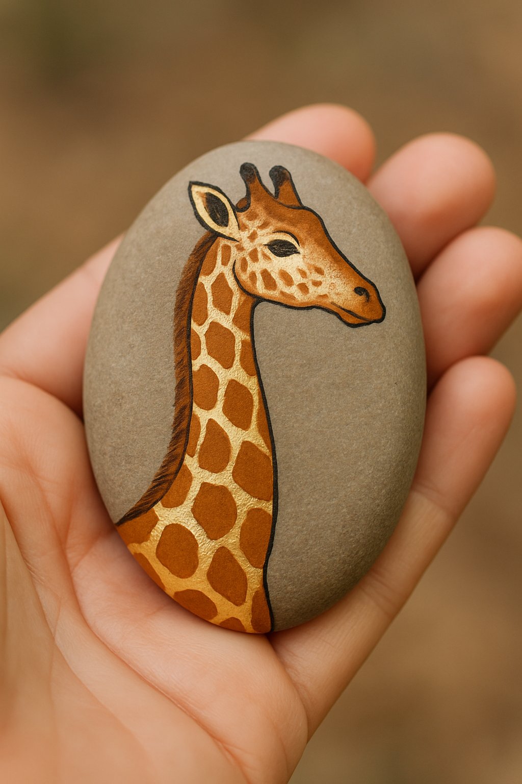 A hand holding a smooth river rock painted with a giraffe design and gold accents.