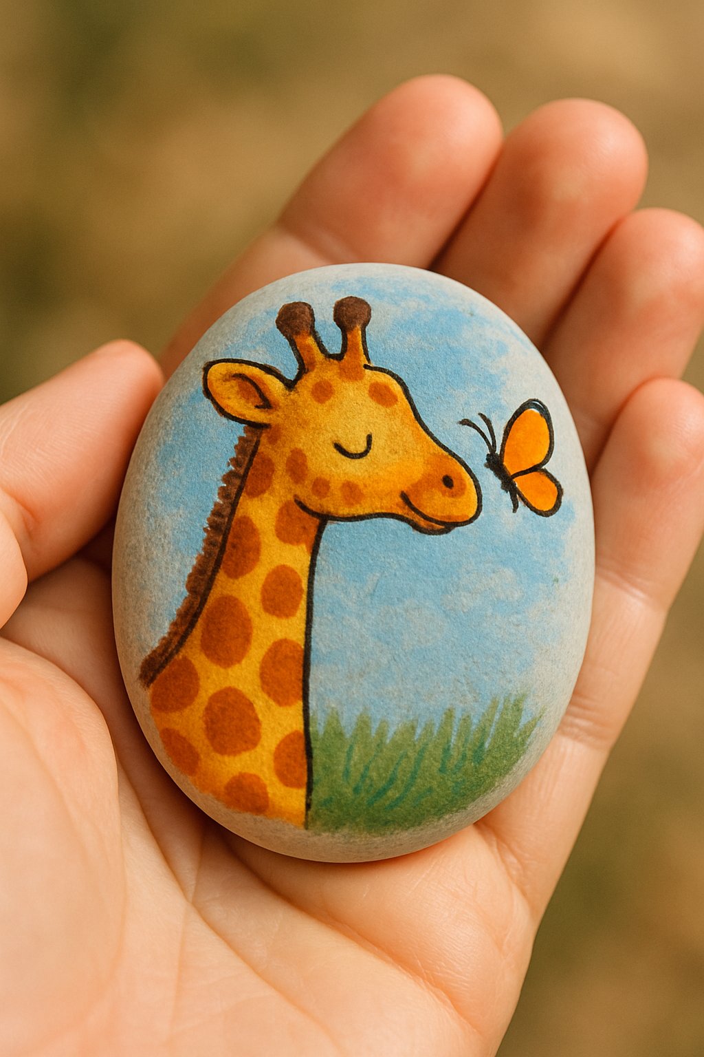 A hand holding a smooth river rock painted with a giraffe and a butterfly.
