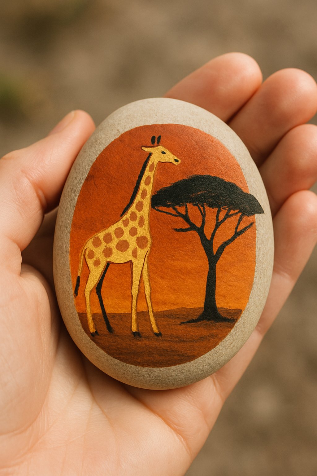 A hand holding a smooth river rock painted with a giraffe and an acacia tree.