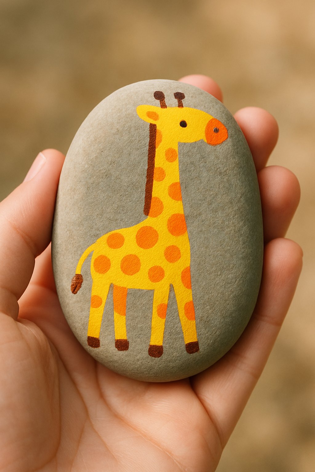 A hand holding a smooth river rock painted with a giraffe design covered in polka dots.