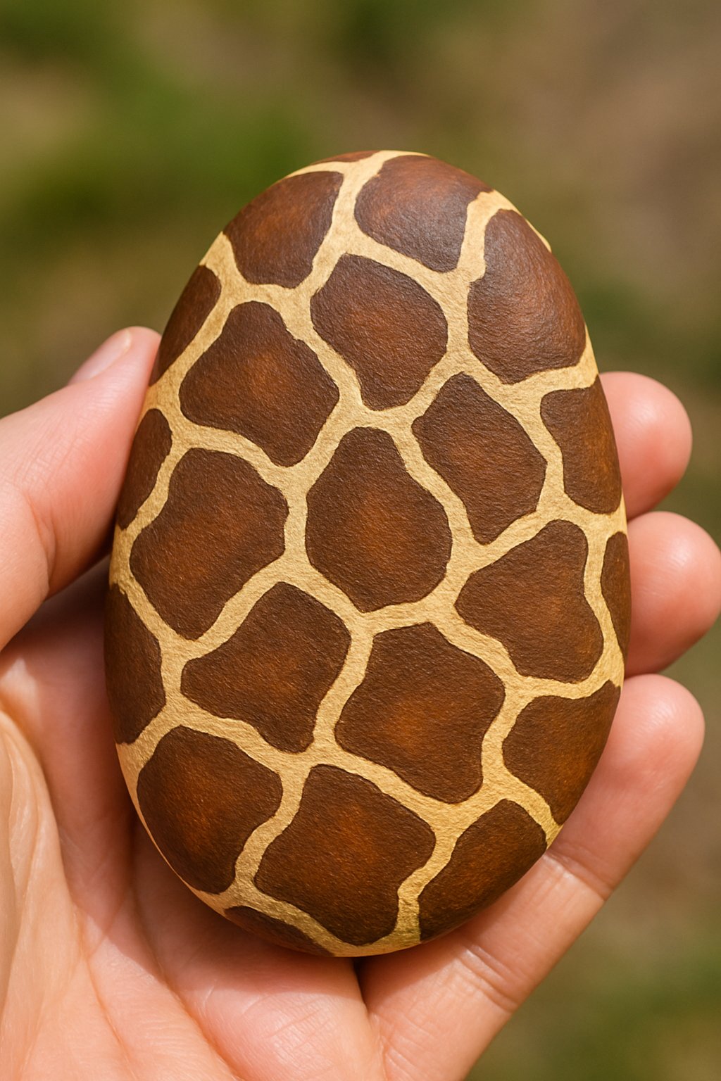 A hand holding a smooth river rock painted with a giraffe spot pattern.