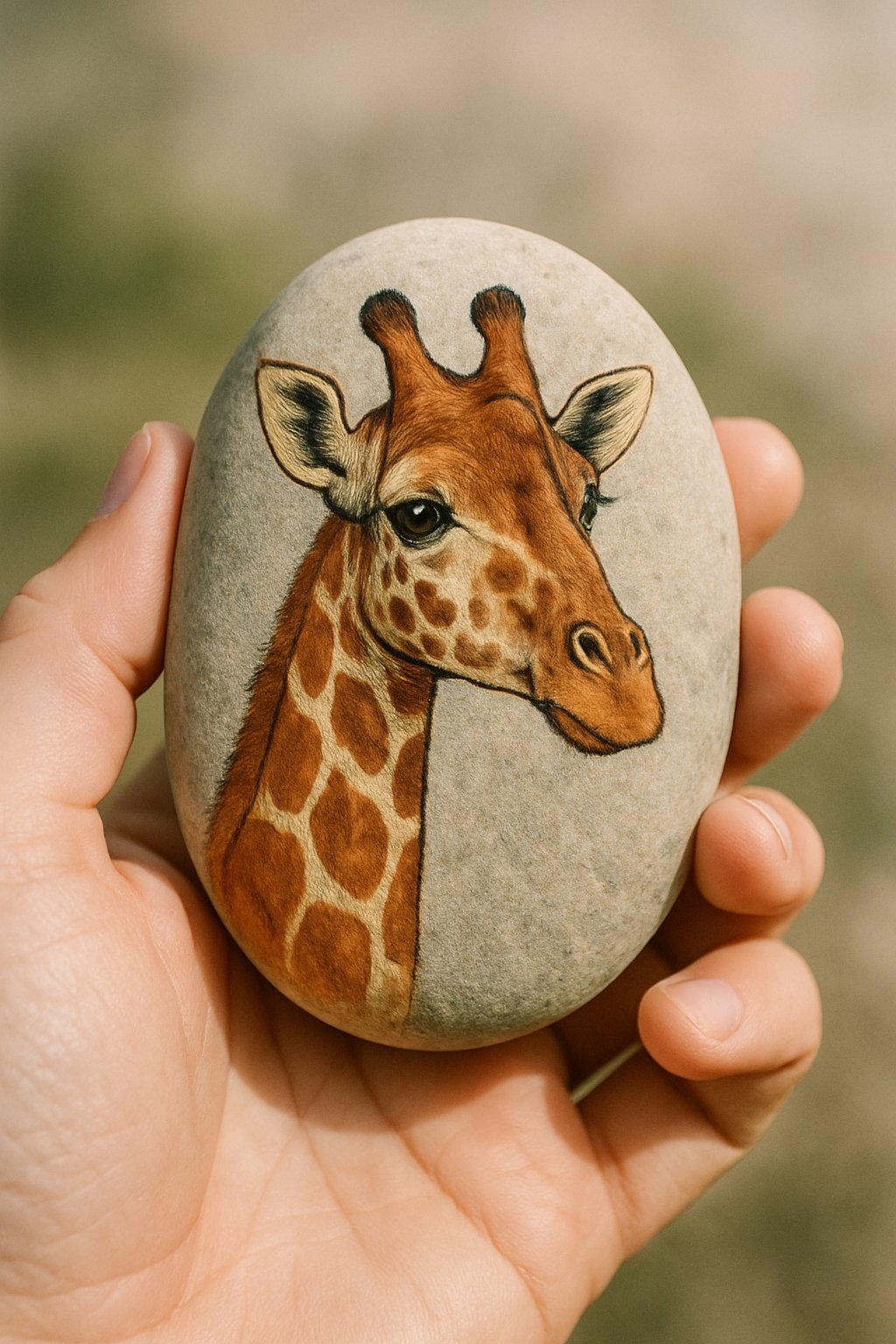 A hand holding a smooth river rock painted with a giraffe design.