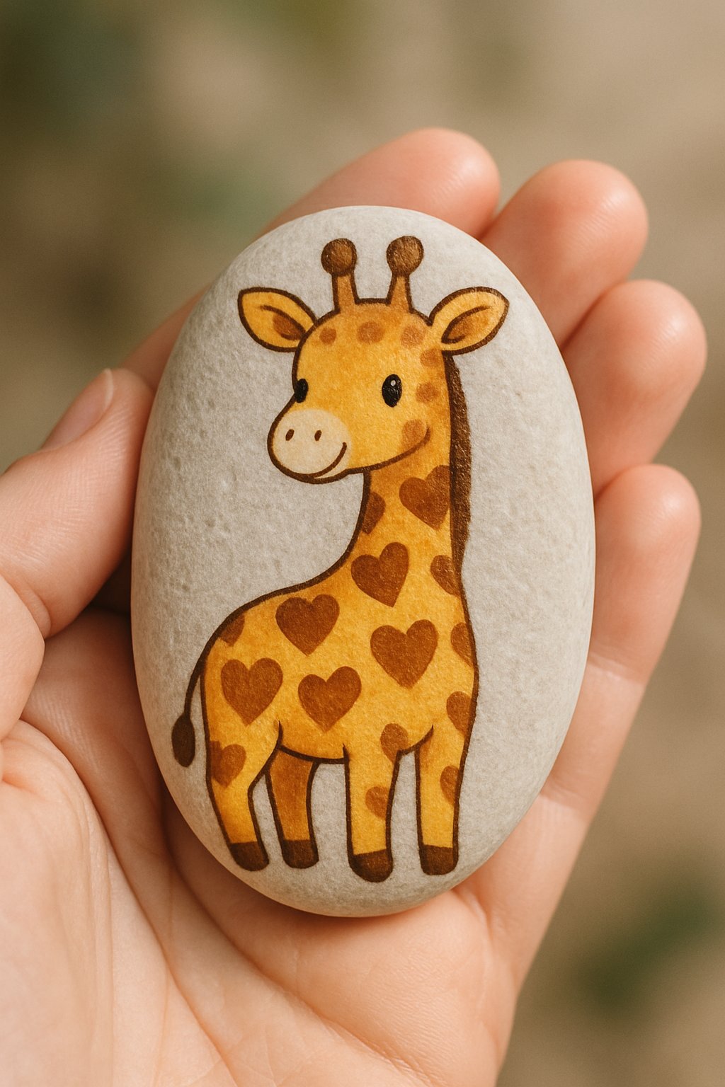A hand holding a smooth river rock painted with a giraffe design featuring heart-shaped spots.