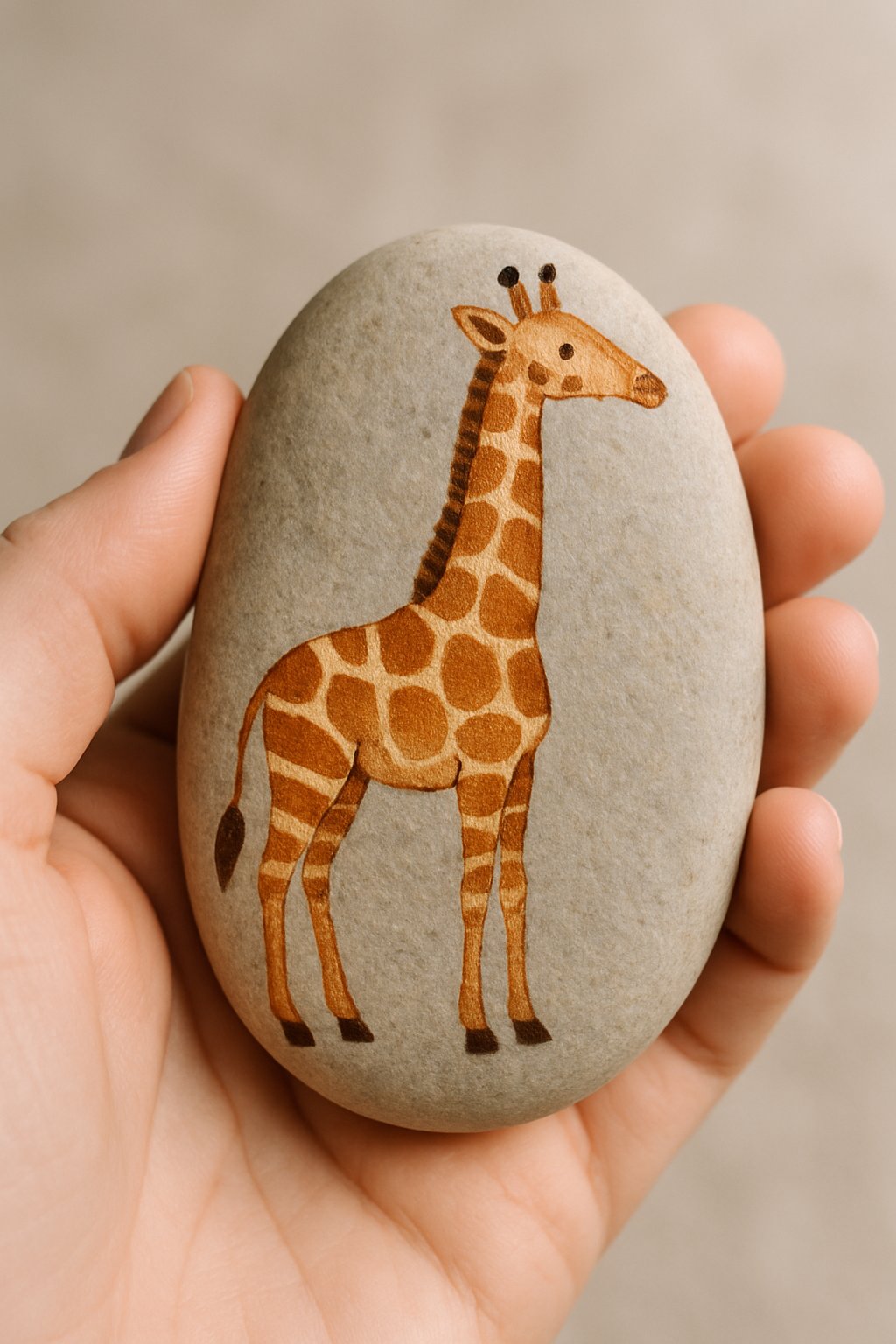 A hand holding a smooth oval rock painted with a striped giraffe design.