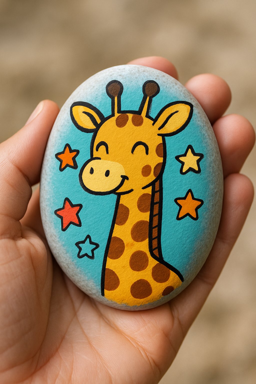 A hand holding a smooth river rock painted with a joyful giraffe and small colorful stars.