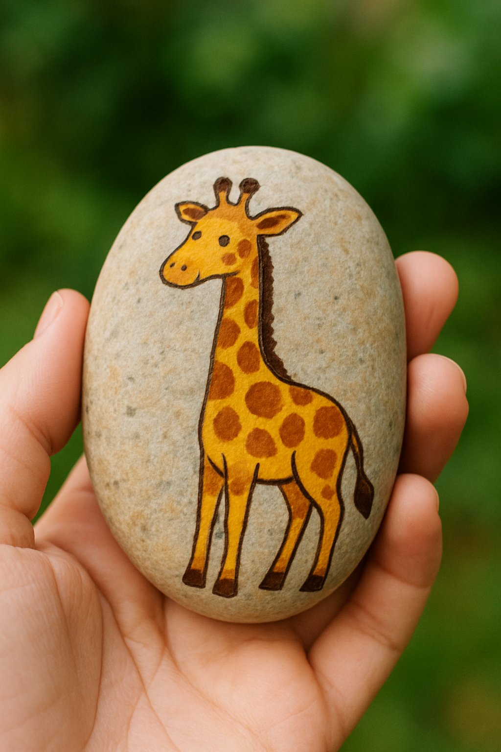 A hand holding a smooth river rock painted with a giraffe design outdoors.
