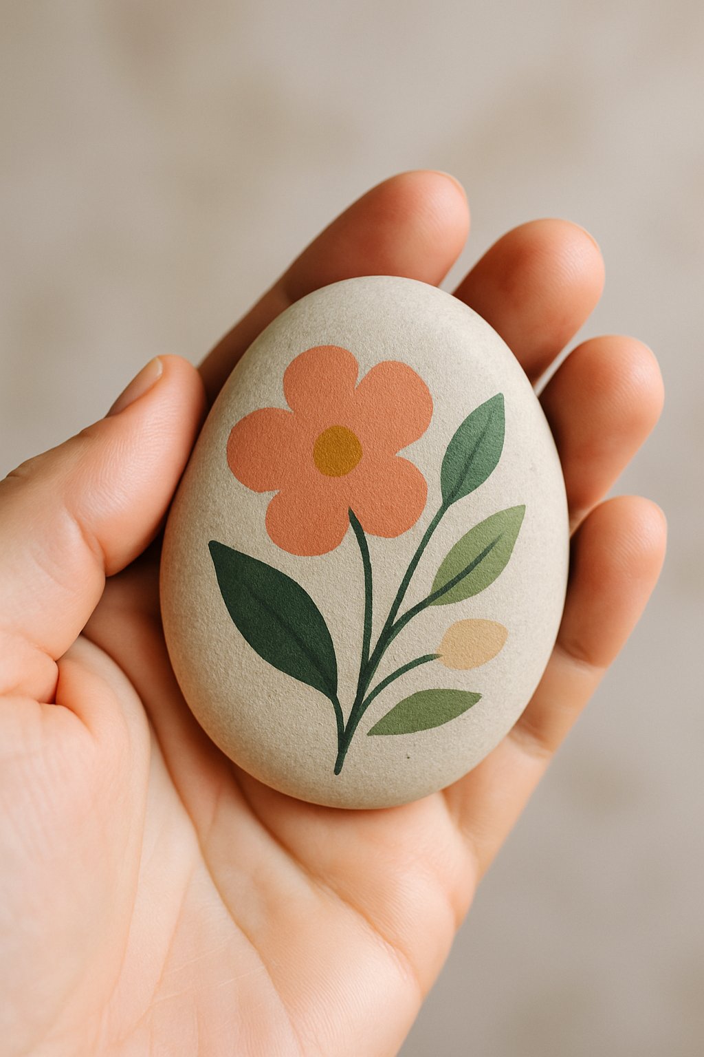 A hand holding a smooth river rock with a simple painted design.