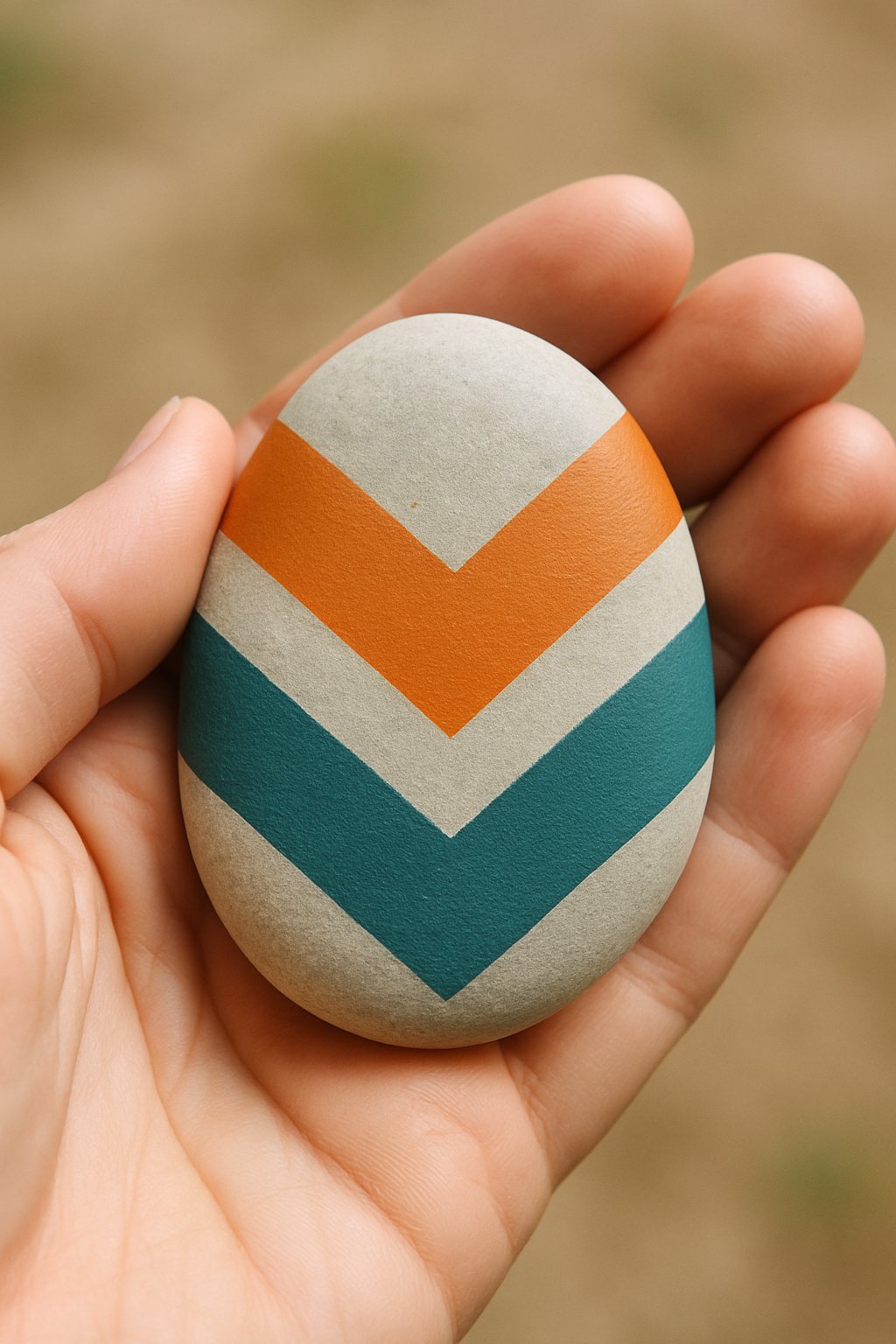 A hand holding a smooth river rock painted with chevron stripes in two colors.