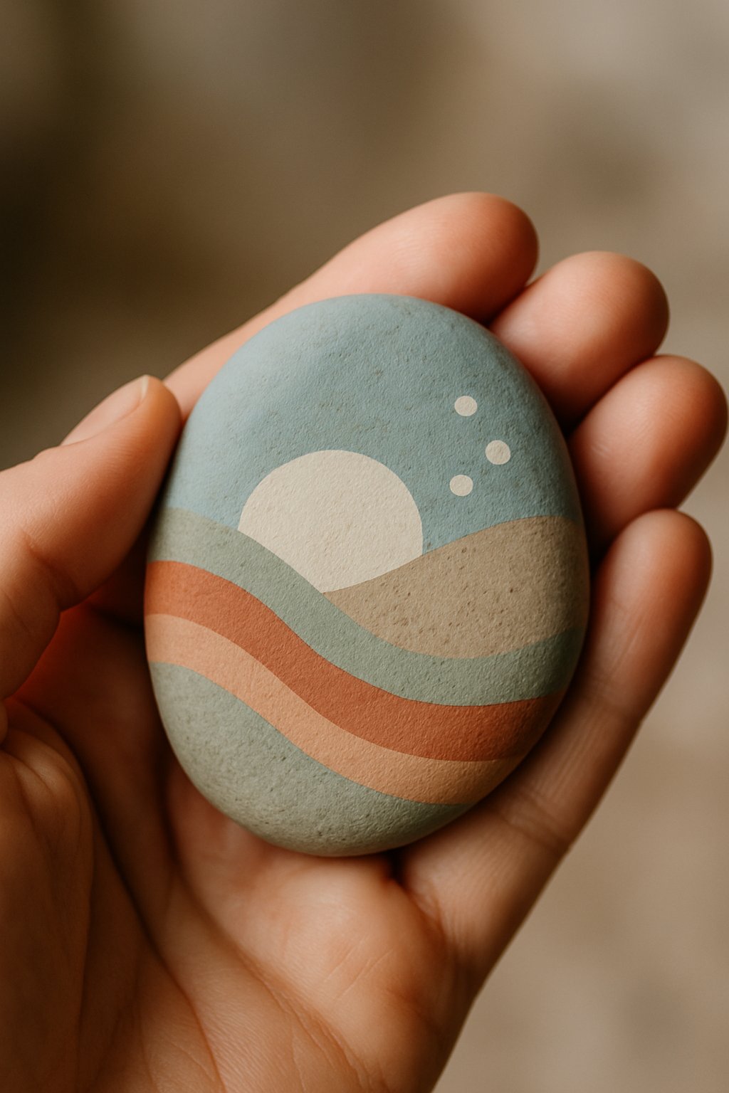 A hand holding a smooth painted river rock with a simple design.
