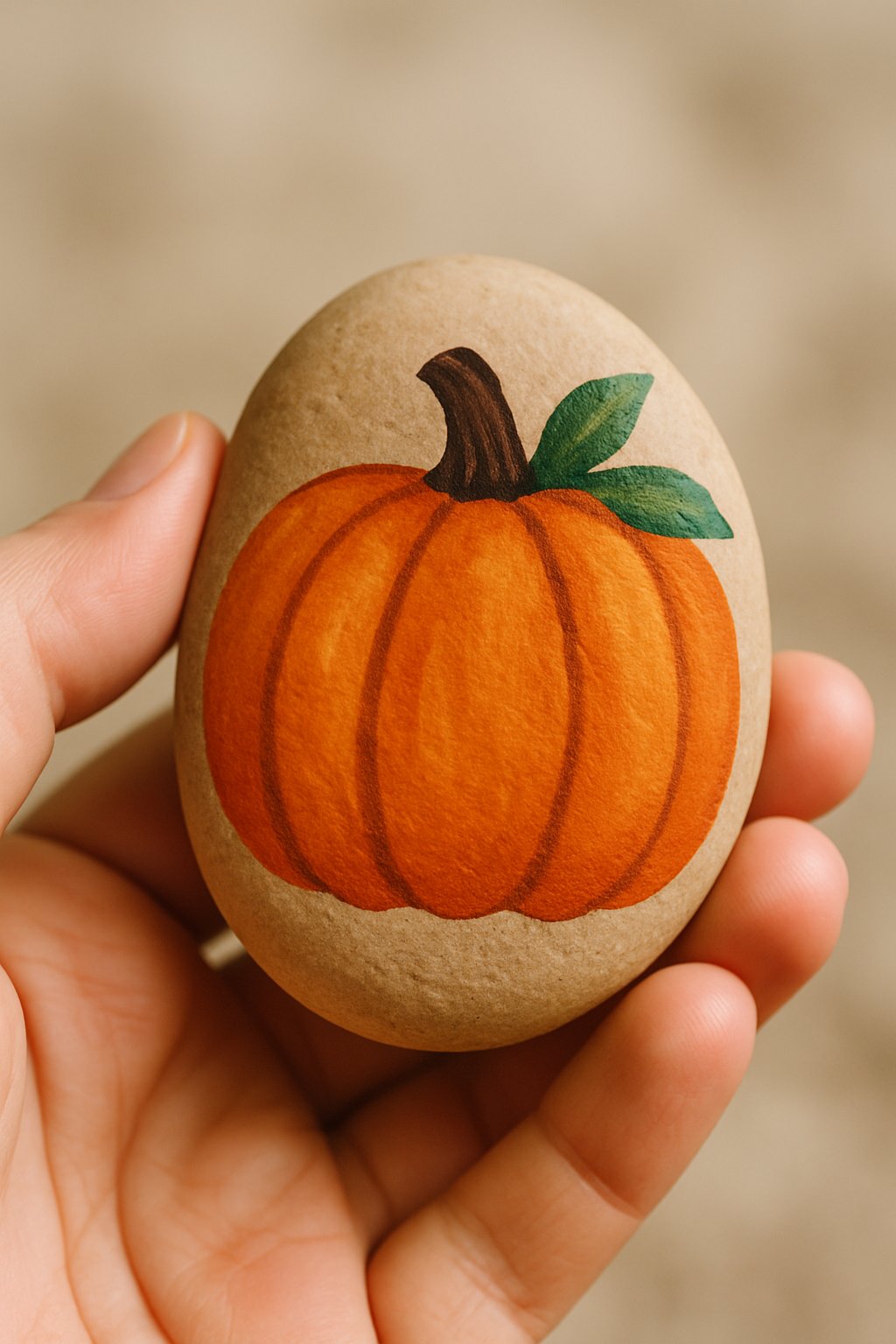 A hand holding a small painted rock with a pumpkin design.