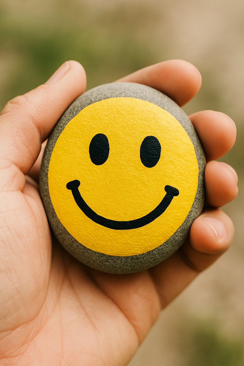 A hand holding a smooth river rock painted with a smiling emoji face.