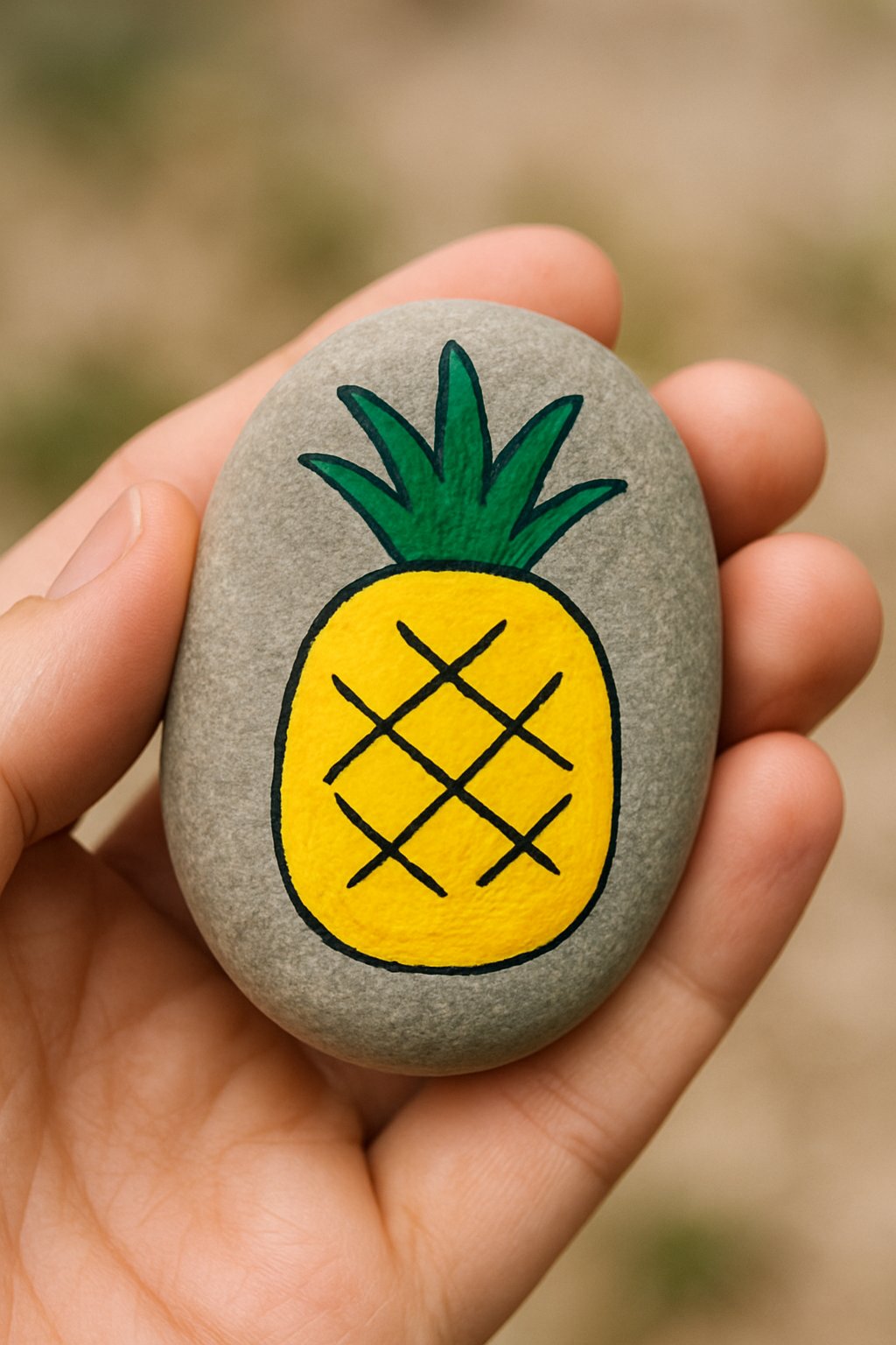 A hand holding a smooth river rock painted with a colorful pineapple design.