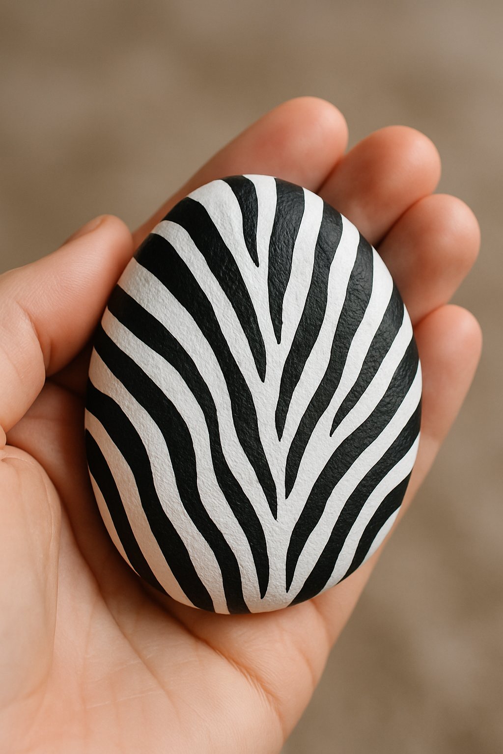 A hand holding a smooth river rock painted with black and white zebra stripes.