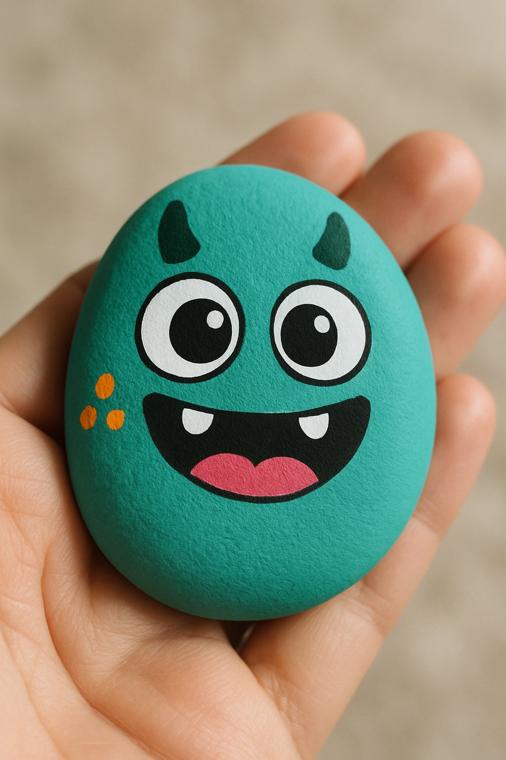 A hand holding a smooth river rock painted with a simple cute monster face with big eyes.